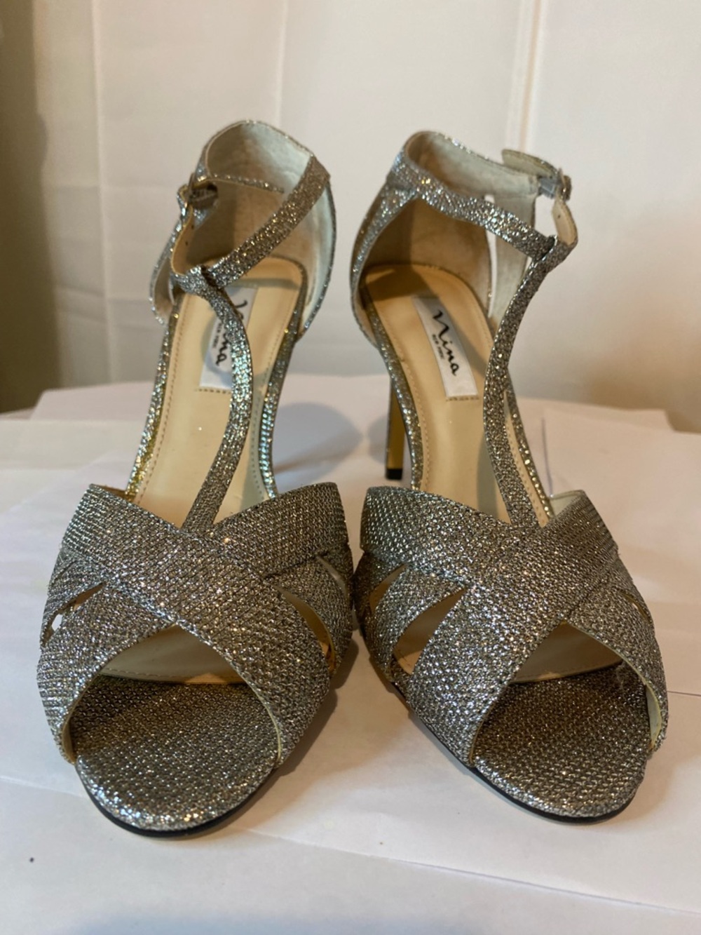 Nina Glitter T-Strap Peep-Toe Heels in Silver - Picture 14 of 16